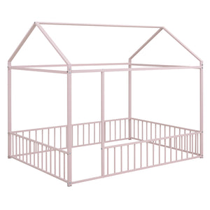 English Elm Full Metal House Bed Frame Full Size with Roof & Safety Fence, Sturdy Play-Sleep Space for Kids Pink MF304787AAH