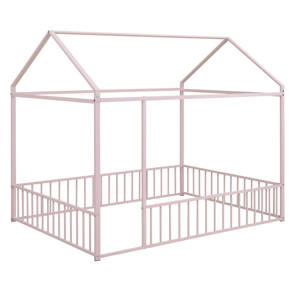 English Elm Full Metal House Bed Frame Full Size with Roof & Safety Fence, Sturdy Play-Sleep Space for Kids Pink MF304787AAH