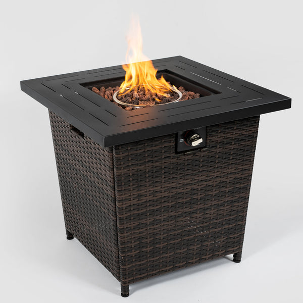English Elm 28" 28inch Propane Fire Pit Table 50000 BTU Square Steel Outdoor Patio Table with Rocks Lid Black Brown W853102854
