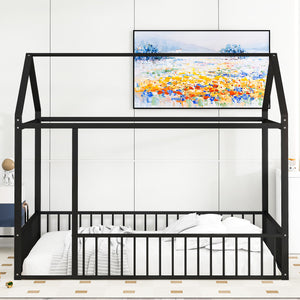 English Elm Full Metal House Bed Frame Full Size with Roof & Safety Fence, Sturdy Play-Sleep Space for Kids Black MF304787AAB