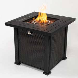 English Elm 28" 28inch Propane Fire Pit Table 50000 BTU Square Steel Outdoor Patio Table with Rocks Lid Black W853102853