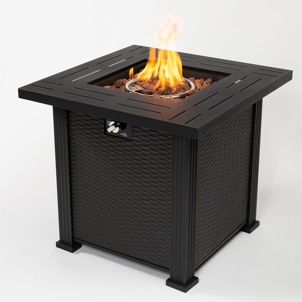 English Elm 28" 28inch Propane Fire Pit Table 50000 BTU Square Steel Outdoor Patio Table with Rocks Lid Black W853102853