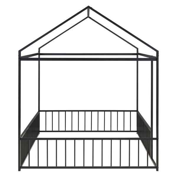 English Elm Full Metal House Bed Frame Full Size with Roof & Safety Fence, Sturdy Play-Sleep Space for Kids Black MF304787AAB