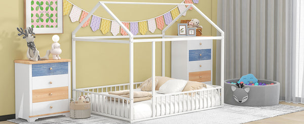 English Elm Full Metal House Bed Frame Full Size with Roof & Safety Fence, Sturdy Play-Sleep Space for Kids White MF304787AAK