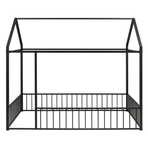 English Elm Full Metal House Bed Frame Full Size with Roof & Safety Fence, Sturdy Play-Sleep Space for Kids Black MF304787AAB