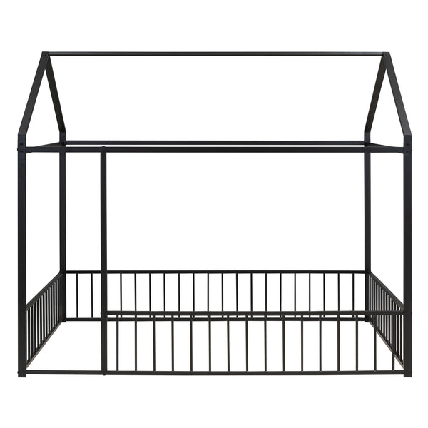 English Elm Full Metal House Bed Frame Full Size with Roof & Safety Fence, Sturdy Play-Sleep Space for Kids Black MF304787AAB