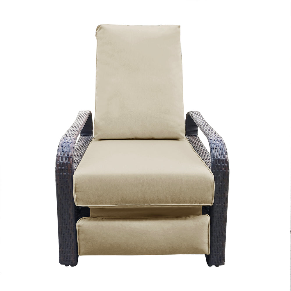 English Elm Outdoor Recliner - Adjustable Wicker Lounge Chair with 5.12" Thick Cushion, Rust‑Resistant Aluminum Frame, Khaki W1889109402