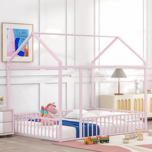 English Elm Full Metal House Bed Frame Full Size with Roof & Safety Fence, Sturdy Play-Sleep Space for Kids Pink MF304787AAH