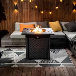 English Elm 28" 28inch Propane Fire Pit Table 50000 BTU Square Steel Outdoor Patio Table with Rocks Lid Black W853102853