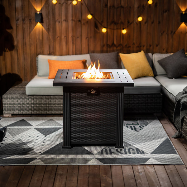 English Elm 28" 28inch Propane Fire Pit Table 50000 BTU Square Steel Outdoor Patio Table with Rocks Lid Black W853102853