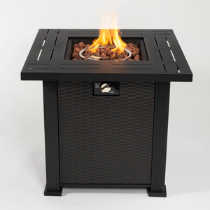 English Elm 28" 28inch Propane Fire Pit Table 50000 BTU Square Steel Outdoor Patio Table with Rocks Lid Black W853102853