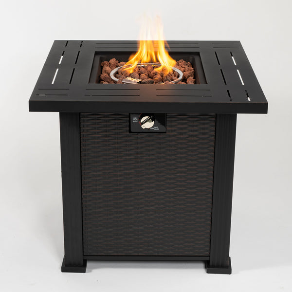 English Elm 28" 28inch Propane Fire Pit Table 50000 BTU Square Steel Outdoor Patio Table with Rocks Lid Black W853102853