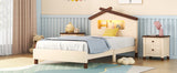 English Elm Twin Size Wood Platform Bed With House-Shaped Headboard and Motion Activated Night Lights (Cream+Walnut)