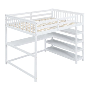 English Elm Full Solid Pine Loft Bed with Built-In Desk and Shelving, Space-Saving Design for Study & Sleep White GX000246AAK