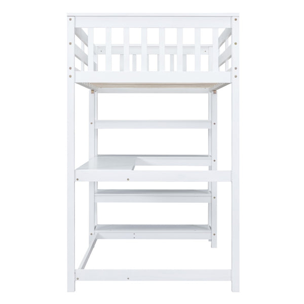 English Elm Twin Pine Loft Bed with Built-in Desk Open Shelves and Led Ambient Lighting GX000245AAK