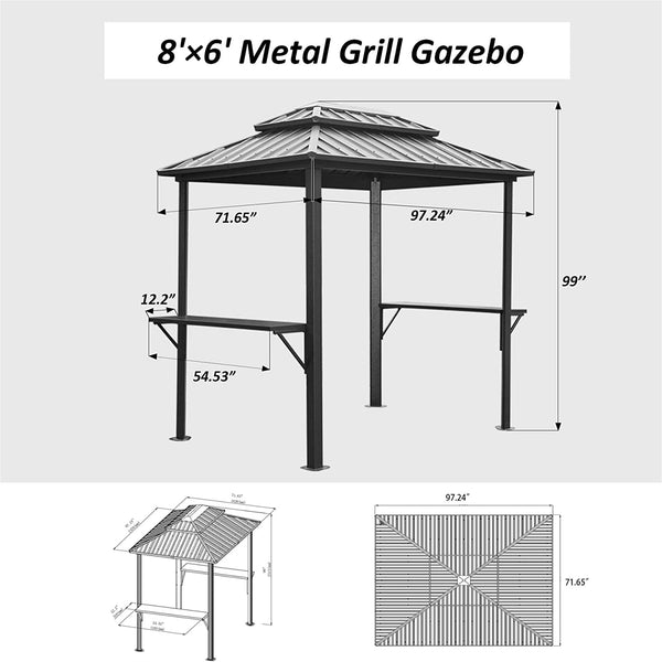 English Elm Grill Outdoor 8'×6' Aluminum BBQ Gazebo with Double Roof, Shelves & Serving Tables for Patio Deck Grey W1859S00038