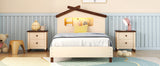 English Elm Twin Size Wood Platform Bed With House-Shaped Headboard and Motion Activated Night Lights (Cream+Walnut)