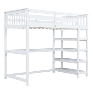 English Elm Twin Pine Loft Bed with Built-in Desk Open Shelves and Led Ambient Lighting GX000245AAK