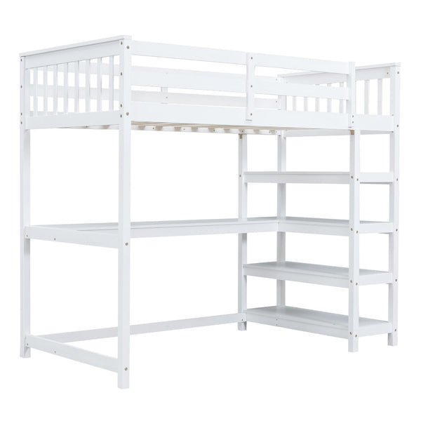 English Elm Twin Pine Loft Bed with Built-in Desk Open Shelves and Led Ambient Lighting GX000245AAK