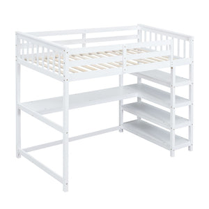 English Elm Twin Pine Loft Bed with Built-in Desk Open Shelves and Led Ambient Lighting GX000245AAK