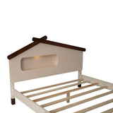 English Elm Full Size Wood Platform Bed With House-Shaped Headboard and Motion Activated Night Lights (Cream+Walnut)