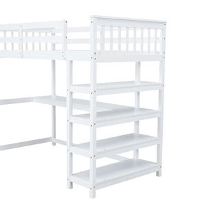 English Elm Twin Pine Loft Bed with Built-in Desk Open Shelves and Led Ambient Lighting GX000245AAK