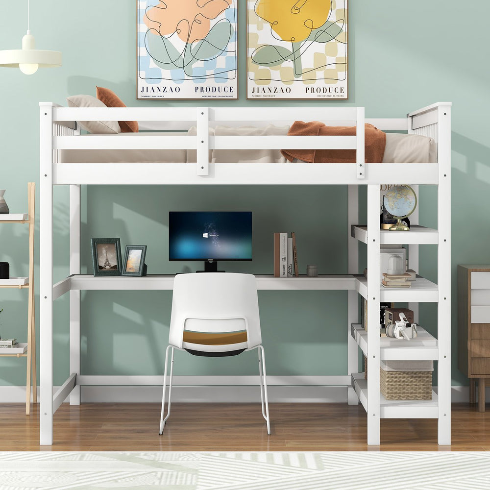 English Elm Full Solid Pine Loft Bed with Built-In Desk and Shelving, Space-Saving Design for Study & Sleep White GX000246AAK