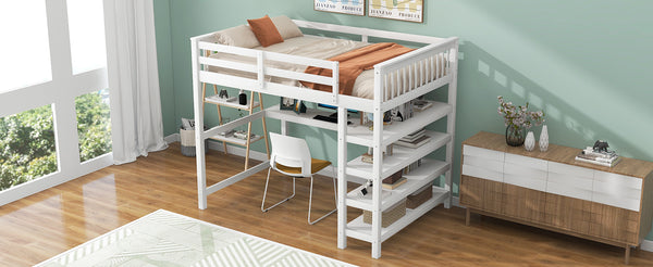 English Elm Full Solid Pine Loft Bed with Built-In Desk and Shelving, Space-Saving Design for Study & Sleep White GX000246AAK