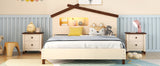 English Elm Full Size Wood Platform Bed With House-Shaped Headboard and Motion Activated Night Lights (Cream+Walnut)