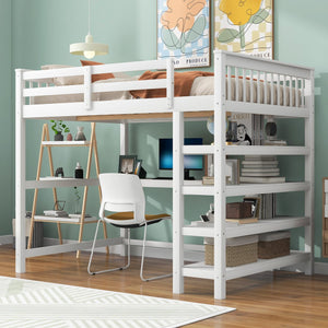 English Elm Full Solid Pine Loft Bed with Built-In Desk and Shelving, Space-Saving Design for Study & Sleep White GX000246AAK