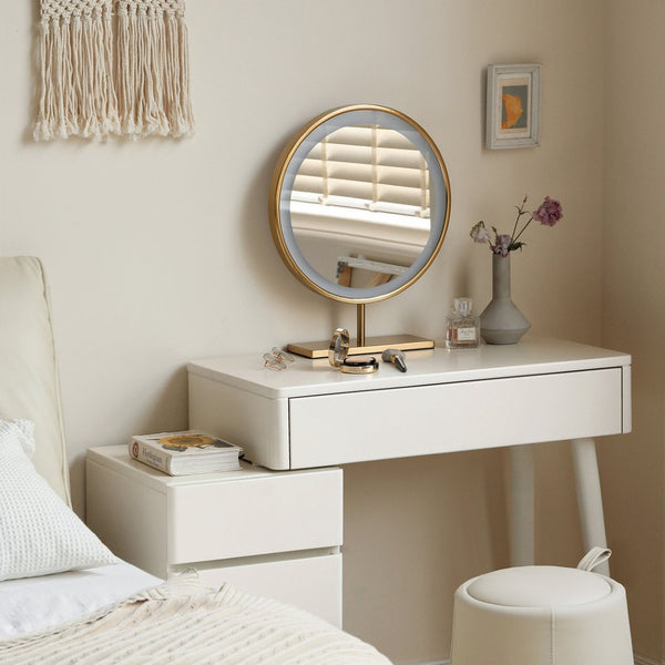English Elm (with Stool) Solid Wood Vanity Desk White Finish Compact Bedroom Organizer Drawers W1283S00003