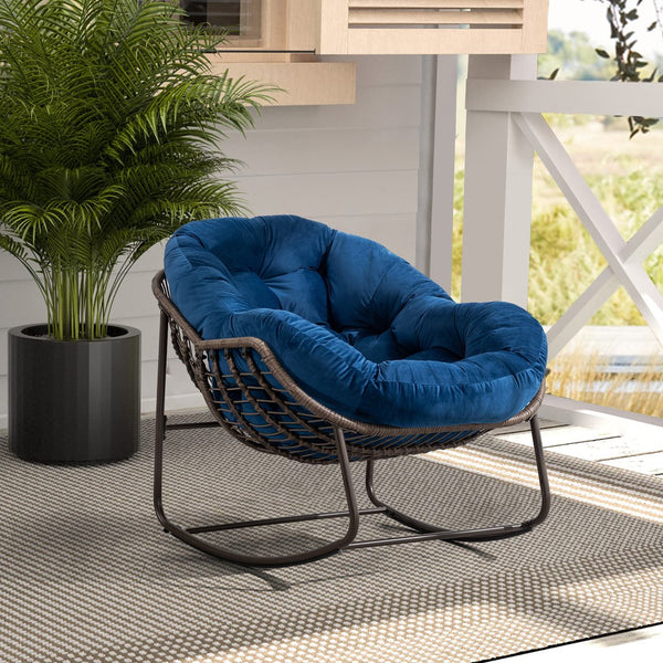 English Elm Outdoor Rattan Rocking Chair Oversized Hand-Woven Egg Recliner with Plush Cushion, Durable Steel Frame, Weather-Resistant Comfort for Patio Navy Blue W640105286