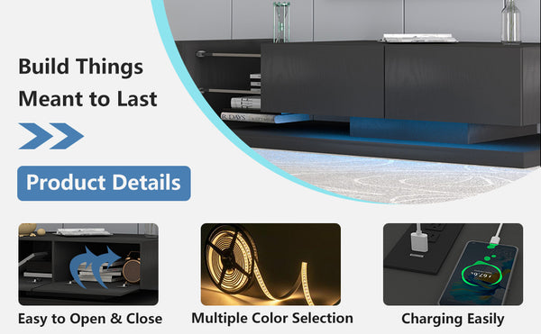 English Elm TV Console LED TV Stand with Dual App & Remote RGB Control, 31 Modes, Built-In Power & 90% Storage Space Black W1701105064