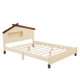 English Elm Full Size Wood Platform Bed With House-Shaped Headboard and Motion Activated Night Lights (Cream+Walnut)