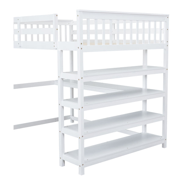 English Elm Full Solid Pine Loft Bed with Built-In Desk and Shelving, Space-Saving Design for Study & Sleep White GX000246AAK