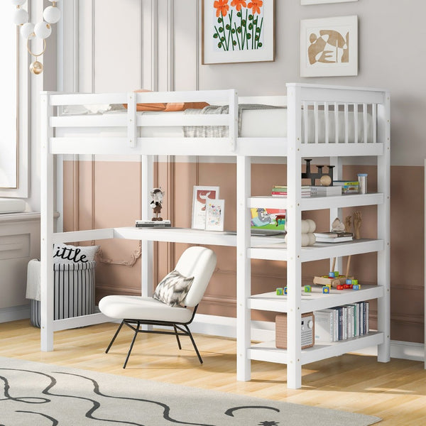English Elm Twin Pine Loft Bed with Built-in Desk Open Shelves and Led Ambient Lighting GX000245AAK