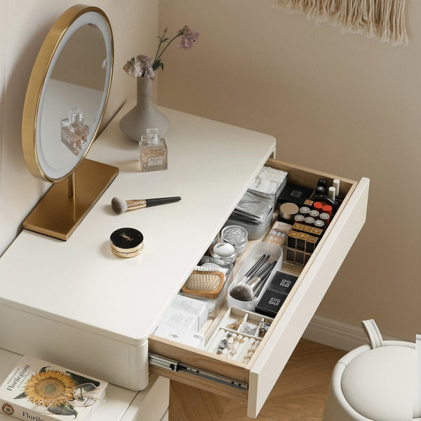 English Elm (with Stool) Solid Wood Vanity Desk White Finish Compact Bedroom Organizer Drawers W1283S00003