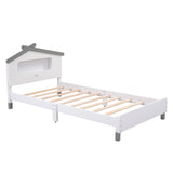 English Elm Twin Size Wood Platform Bed With House-Shaped Headboard and Motion Activated Night Lights (White+Gray)