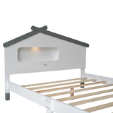 English Elm Full Size Wood Platform Bed With House-Shaped Headboard and Motion Activated Night Lights (White+Gray)