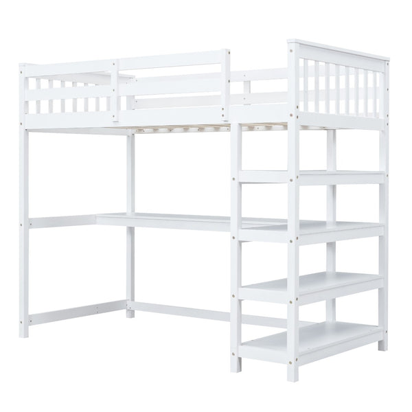 English Elm Twin Pine Loft Bed with Built-in Desk Open Shelves and Led Ambient Lighting GX000245AAK