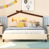 English Elm Full Size Wood Platform Bed With House-Shaped Headboard and Motion Activated Night Lights (Cream+Walnut)