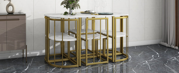 English Elm Topmax Faux Marble 7 Piece Dining Set Seats Six with Iron Frame Modern Glam Appeal Golden+White N717S000017G