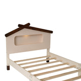 English Elm Twin Size Wood Platform Bed With House-Shaped Headboard and Motion Activated Night Lights (Cream+Walnut)