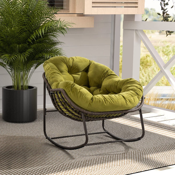 English Elm Outdoor Rattan Rocking Chair Oversized Hand-Woven Egg Recliner with Plush Cushion, Durable Steel Frame, Weather-Resistant Comfort for Patio Olive W640105292