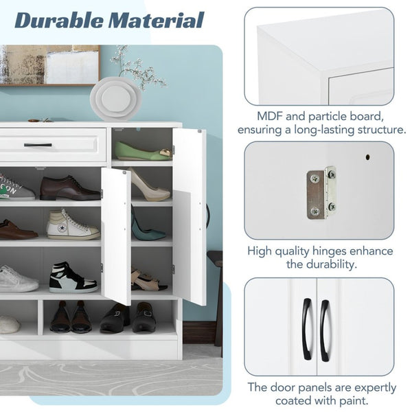 English Elm On-trend White Entryway Shoe Cabinet Grooved Doors Adjustable Shelves Sideboard WF304415AAK
