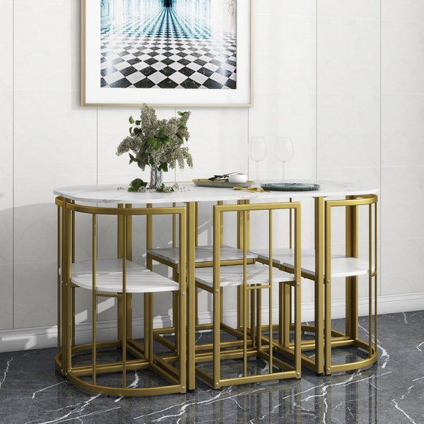 English Elm Topmax Faux Marble 7 Piece Dining Set Seats Six with Iron Frame Modern Glam Appeal Golden+White N717S000017G