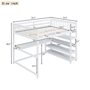 English Elm Full Solid Pine Loft Bed with Built-In Desk and Shelving, Space-Saving Design for Study & Sleep White GX000246AAK