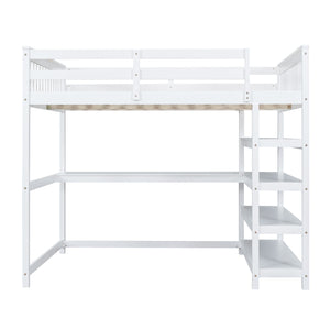 English Elm Full Solid Pine Loft Bed with Built-In Desk and Shelving, Space-Saving Design for Study & Sleep White GX000246AAK