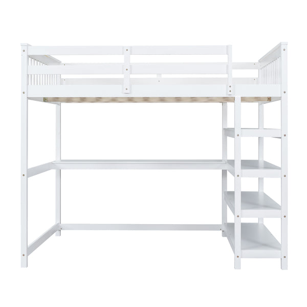 English Elm Full Solid Pine Loft Bed with Built-In Desk and Shelving, Space-Saving Design for Study & Sleep White GX000246AAK
