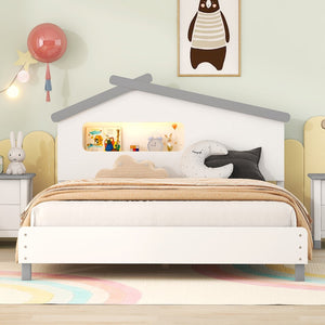 English Elm Full Size Wood Platform Bed With House-Shaped Headboard and Motion Activated Night Lights (White+Gray)